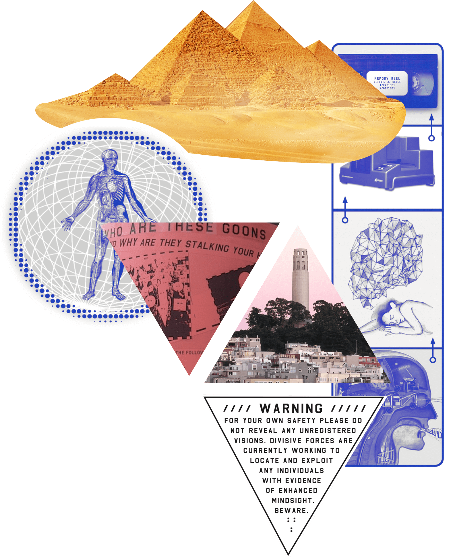 collage of pyramids and flyers